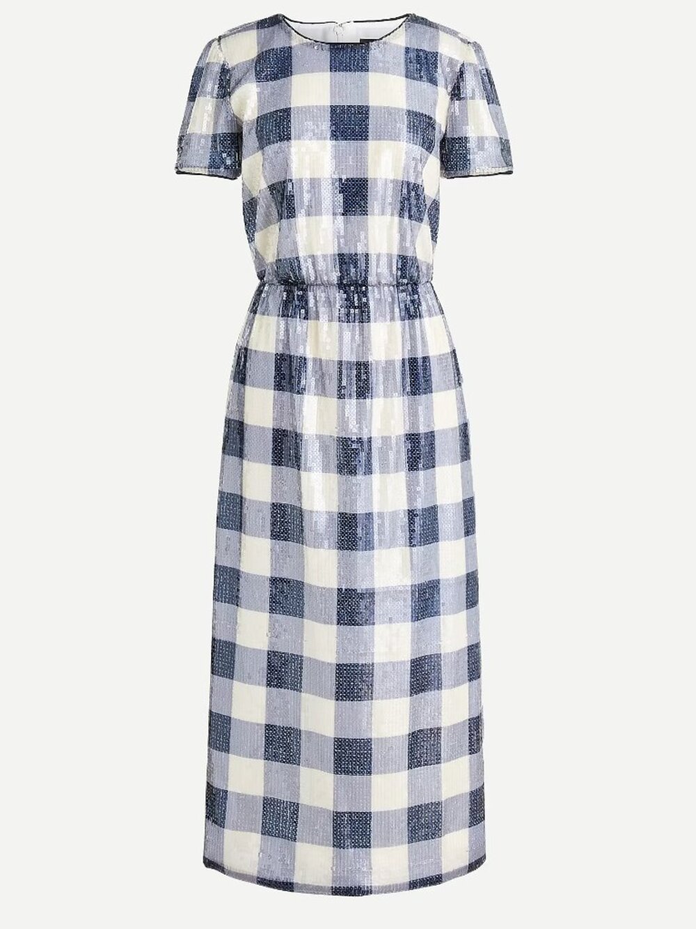 J. Crew Sheath Sequin Dress Gingham Sz 12 Blue White Short Sleeve Maxi